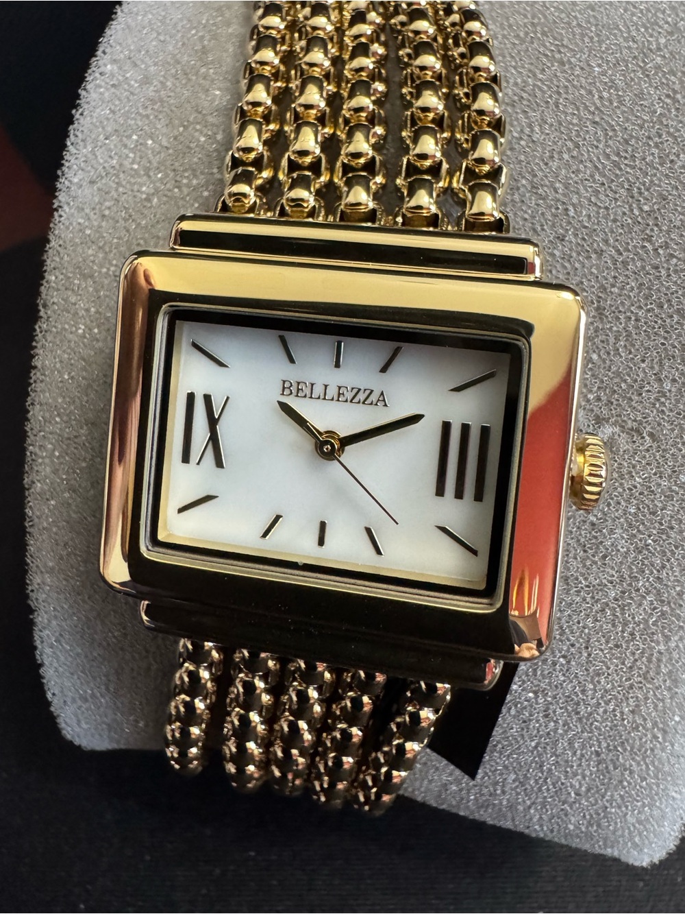Bellezza  Gold/White Pearl Rectangular Watch w/ Beautiful Multi Chain Bracelet -
